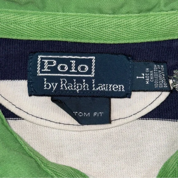 Polo Ralph Lauren Rugby Shirt L Striped Green Collar Custom Fit - Picture 3 of 7